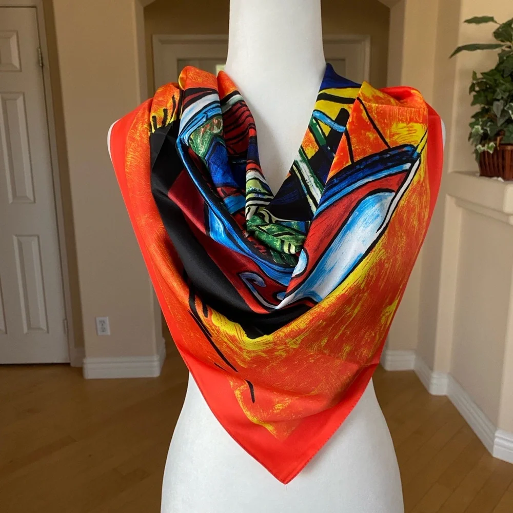 Colorful Silk Abstract Print Scarf Wrap Sarong Wall Art